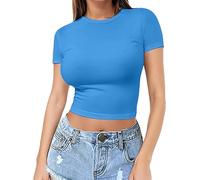 Tee Shirt Femme Coton Col Rond Taille L, T-Shirts Manches Courtes Plus Size T Shirt Spandex Tshirt Stretch Teeshirt Moulant Summer Top Respirant Haut Couleur Unie Hauts Simple Court Ventre Tops