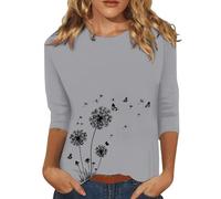 Tee-Shirt Femme Coton Imprimé, Tee Shirt Anti Uv Femme Manches Longues T-Shirt Avec Pissenlit Motif Tshirt Col Rond T Shirt Décontractés Blouse Mi Saison Haut Polyvalent Top 2025 Nouveau Tops Xxxl