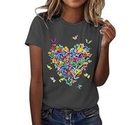 Tee Shirt Femme Coton T Shirts Blanc Imprimante Pas Cher T-Shirt À Manches Courtes Col Rond Tunique avec Motif Papillons Grande Taille Tops Chemises