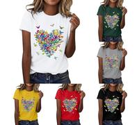 Tee Shirt Femme Coton T Shirts Blanc Imprimante Pas Cher T-Shirt À Manches Courtes Col Rond Tunique avec Motif Papillons Grande Taille Tops Chemises