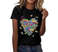 Tee Shirt Femme Coton T Shirts Blanc Imprimante Pas Cher T-Shirt À Manches Courtes Col Rond Tunique avec Motif Papillons Grande Taille Tops Chemises