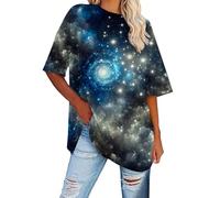 Tee Shirt Femme Décontracté Loose Fit Ciel Étoilé Imprimé Col Rond Manches Courtes Haut Épaule Tombée pour Tous Les Jours T Shirt(d-Blue, XL)