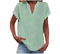 Tee Shirt Femme Ete Basiques Haut Manche Courte en Coton Et Lin Grande Taille Vetement Femme Ete Chemisiers Col V Casual Couleur Uni Tee Shirt Travail Tops Mes Commandes(Vert Clair,3XL)