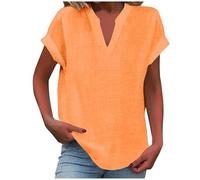 Tee Shirt Femme Ete Basiques Haut Manche Courte en Coton Et Lin Grande Taille Vetement Femme Ete T Shirt Col V Été Couleur Uni Chemisiers Sport Chemise Mes Commandes(Safran,L)