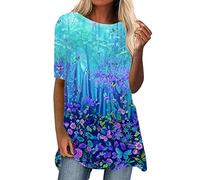 Tee-Shirt Femme Été Tee Shirt Manche Courte Femme Ete Col Rond Tunique Grande Taille à Motif Floral Top Chic et Élégant Basic Respirant et Confortable Classique (BU2, XXXXL)