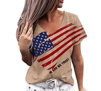 Tee Shirt Femme - Femmes Peintes à La Main Drapeau AméRicain Chemise Col en V T-Shirt Pull à Manches Courtes Hauts Chemise du Jour De L'IndéPendance Robe en Dentelle