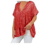 Tee Shirt Femme Grande Taille Paillettes Col V Haut Manches Courtes Ample et Confortable pour Soirée Fête Style Urbain Décontracté Chic et Tendance Brillant