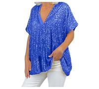 Tee Shirt Femme Grande Taille Paillettes Col V Haut Manches Courtes Ample et Confortable pour Soirée Fête Style Urbain Décontracté Chic et Tendance Brillant