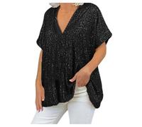 Tee Shirt Femme Grande Taille Paillettes Col V Haut Manches Courtes Ample et Confortable pour Soirée Fête Style Urbain Décontracté Chic et Tendance Brillant