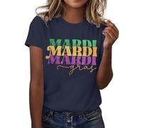 Tee Shirt Femme Imprimé Carnaval Manches Courtes Col Rond Décontracté pour Un Style Festif(Navy, L)