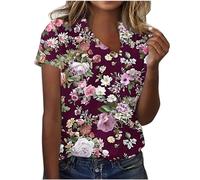 Tee Shirt Femme Imprimé Fleuri Chemise Boutonnée à Col en V D'été à Manches Courtes T-Shirts Grande Taille avec Boutons Décontractées Tops Lâche Respirant Chemisier Baggy Hauts Doux et Confortable