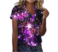 Tee Shirt Femme Imprimé Fleuri Chemise Boutonnée à Col en V D'été à Manches Courtes T-Shirts Grande Taille avec Boutons Décontractées Tops Lâche Respirant Chemisier Baggy Hauts Doux et Confortable