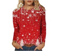 Tee Shirt Femme Imprimé Noël Hauts Femme Manches 3/4 Pull Noël Christmas Femme Top Ample Mode Automne Hiver Vêtements Femme pour Tenues Quotidiennes Pulls Tunique Casual Loose Grande Taille