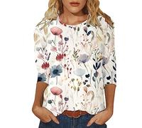 Tee Shirt Femme Long Top Femme Manches 3/4 été Slim Fit Top col Rond Slim Fit Demi Manches t-Shirt Chemise Printemps Chemise décontracté Coton t-Shirt (White, M)