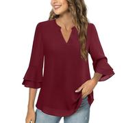 Tee Shirt Femme Manche 3/4 Col V Mousseline Chemisiers et Blouses Femme Chic Et Elegant Hauts Grande Taille Couleur Unie T-Shirts DéContracté Plage Ample Tops à La Mode Loisirs Quotidiennes