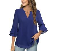 Tee Shirt Femme Manche 3/4 Col V Mousseline Chemisiers et Blouses Femme Chic Et Elegant Hauts Grande Taille Couleur Unie T-Shirts DéContracté Plage Ample Tops à La Mode Loisirs Quotidiennes