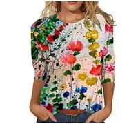 Tee Shirt Femme Manche 3/4 Coton Ete Été Tshirt Grande Taille Vetement Femme Ete Tee Shirt Col Rond Oversize Imprimé T Shirt Tunique Tops Mes Commandes(Rouge,5XL)