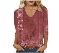 Tee Shirt Femme Manche 3/4 T-Shirt Col V Décontractée Impression Vintage Chemisier Femme Chic et Élégant Blouse Grande Taille Mode Tunique Classique de Base Tops Ample Mode Doux et Confortables