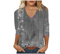 Tee Shirt Femme Manche 3/4 T-Shirt Col V Décontractée Impression Vintage Chemisier Femme Chic et Élégant Blouse Grande Taille Mode Tunique Classique de Base Tops Ample Mode Doux et Confortables