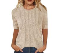 Tee Shirt Femme Manche Cinq Huit Cotes Tissu Polaire Pullover Confortable Haut Casual pour Tous Les Jours(Beige, S)