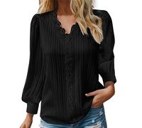 Tee Shirt Femme Manche Longue Col V Hiver Chemisier Femme Chic Et élégant Fluide Fleuri Top Haut Grande Taille la Mode Léger Pas Cher Croisé Sport Casual (Black, L)