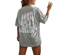 Tee Shirt Femme Manches 3/4, Long Grande Taille T-Shirts Très Large Oversize Manches Courtes Tee Shirt Anti UV Vintage Blouse Sport Chic et Élégant Été Top, Grey, S