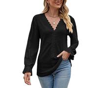 Tee Shirt Femme Manches Longues Confortable T-Shirt Femme Manche Longue Haut à Col V Casual Top en Dentelle (Nero XL)