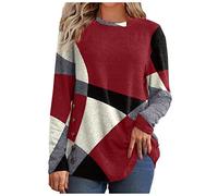 Tee Shirt Femme Manches Longues Vintage Casual Patchwork Print Tunique Femme Chic et Elegant Printemps Automne Mode Saint Valentin Outdoor Baggy Sweatshirt Pas Cher Haut pour Femme 01 Rouge L