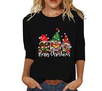Tee Shirt Femme Noel Manches Trois Quarts Imprimé Nain Vieillard Col Rond Hiver Casual Look Unique Haut Style GNOME(Black, XXL)