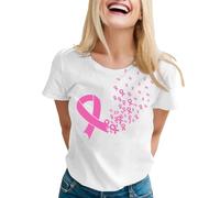 Tee Shirt Femme Rose, Octobre Rose Tee Shirt À Manches Courtes Col Rond, Cancer du Sein Imprimé, T-Shirts Femme Couleur Unie, Blanc L