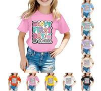 Tee Shirt Fille Coton Manches Courtes Tops Col Rond Cadeau Rentrée Maternelle Happy First Day of Scholl Imprimé Haut Col Rond Rayures de Couleur Unie Vêtements D'été pour Enfants de 5-12 Ans