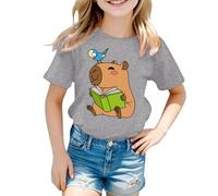 Tee Shirt Fille Couleur Vive à Manches Courtes Tops Chemises Col Rond Couleur Solides Cartoon Capybara Imprimé Tee Shirt Enfant Garcon Été Tout-Petits Mode Loisirs Thin Hauts 5-13 Ans
