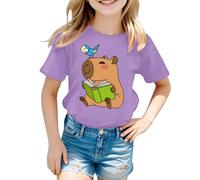 Tee Shirt Fille Couleur Vive à Manches Courtes Tops Chemises Col Rond Couleur Solides Cartoon Capybara Imprimé Tee Shirt Enfant Garcon Été Tout-Petits Mode Loisirs Thin Hauts 5-13 Ans