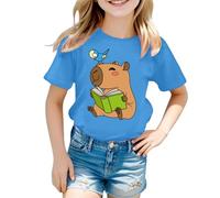 Tee Shirt Fille Couleur Vive à Manches Courtes Tops Chemises Col Rond Couleur Solides Cartoon Capybara Imprimé Tee Shirt Enfant Garcon Été Tout-Petits Mode Loisirs Thin Hauts 5-13 Ans