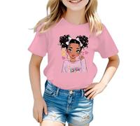 Tee Shirt Fille Couleur Vive Manches Courtes Cartoon Fille Imprimé Haut Col Rond Rayures de Couleur Unie Vêtements D'été pour Enfants de 5-12 Ans Cadeau Rentrée Maternelle