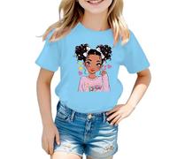 Tee Shirt Fille Couleur Vive Manches Courtes Cartoon Fille Imprimé Haut Col Rond Rayures de Couleur Unie Vêtements D'été pour Enfants de 5-12 Ans Cadeau Rentrée Maternelle
