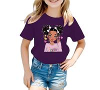 Tee Shirt Fille Couleur Vive Manches Courtes Cartoon Fille Imprimé Haut Col Rond Rayures de Couleur Unie Vêtements D'été pour Enfants de 5-12 Ans Cadeau Rentrée Maternelle