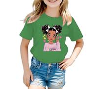 Tee Shirt Fille Couleur Vive Manches Courtes Cartoon Fille Imprimé Haut Col Rond Rayures de Couleur Unie Vêtements D'été pour Enfants de 5-12 Ans Cadeau Rentrée Maternelle