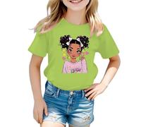 Tee Shirt Fille Couleur Vive Manches Courtes Cartoon Fille Imprimé Haut Col Rond Rayures de Couleur Unie Vêtements D'été pour Enfants de 5-12 Ans Cadeau Rentrée Maternelle