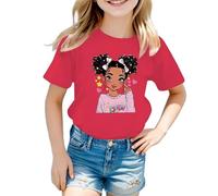 Tee Shirt Fille Couleur Vive Manches Courtes Cartoon Fille Imprimé Haut Col Rond Rayures de Couleur Unie Vêtements D'été pour Enfants de 5-12 Ans Cadeau Rentrée Maternelle