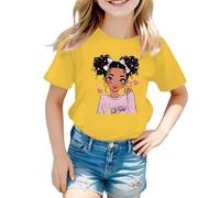 Tee Shirt Fille Couleur Vive Manches Courtes Cartoon Fille Imprimé Haut Col Rond Rayures de Couleur Unie Vêtements D'été pour Enfants de 5-12 Ans Cadeau Rentrée Maternelle