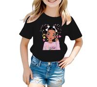 Tee Shirt Fille Couleur Vive Manches Courtes Cartoon Fille Imprimé Haut Col Rond Rayures de Couleur Unie Vêtements D'été pour Enfants de 5-12 Ans Cadeau Rentrée Maternelle