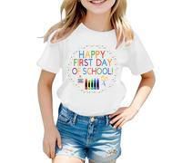 Tee Shirt Fille Couleur Vive Manches Courtes Happy First Day of Scholl Imprimé Haut Col Rond Rayures de Couleur Unie Vêtements D'été pour Enfants de 5-12 Ans Cadeau Rentrée Maternelle