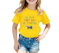 Tee Shirt Fille Couleur Vive Manches Courtes Happy First Day of Scholl Imprimé Haut Col Rond Rayures de Couleur Unie Vêtements D'été pour Enfants de 5-12 Ans Cadeau Rentrée Maternelle