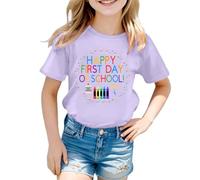 Tee Shirt Fille Couleur Vive Manches Courtes Happy First Day of Scholl Imprimé Haut Col Rond Rayures de Couleur Unie Vêtements D'été pour Enfants de 5-12 Ans Cadeau Rentrée Maternelle