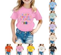 Tee Shirt Fille Couleur Vive Manches Courtes Happy First Day of Scholl Imprimé Haut Col Rond Rayures de Couleur Unie Vêtements D'été pour Enfants de 5-12 Ans Cadeau Rentrée Maternelle