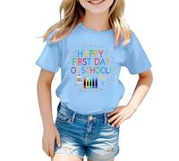 Tee Shirt Fille Couleur Vive Manches Courtes Happy First Day of Scholl Imprimé Haut Col Rond Rayures de Couleur Unie Vêtements D'été pour Enfants de 5-12 Ans Cadeau Rentrée Maternelle