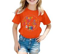 Tee Shirt Fille Couleur Vive Manches Courtes Happy First Day of Scholl Imprimé Haut Col Rond Rayures de Couleur Unie Vêtements D'été pour Enfants de 5-12 Ans Cadeau Rentrée Maternelle