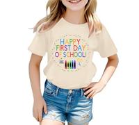 Tee Shirt Fille Couleur Vive Manches Courtes Happy First Day of Scholl Imprimé Haut Col Rond Rayures de Couleur Unie Vêtements D'été pour Enfants de 5-12 Ans Cadeau Rentrée Maternelle