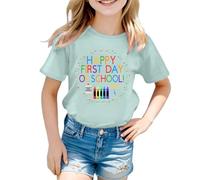 Tee Shirt Fille Couleur Vive Manches Courtes Happy First Day of Scholl Imprimé Haut Col Rond Rayures de Couleur Unie Vêtements D'été pour Enfants de 5-12 Ans Cadeau Rentrée Maternelle